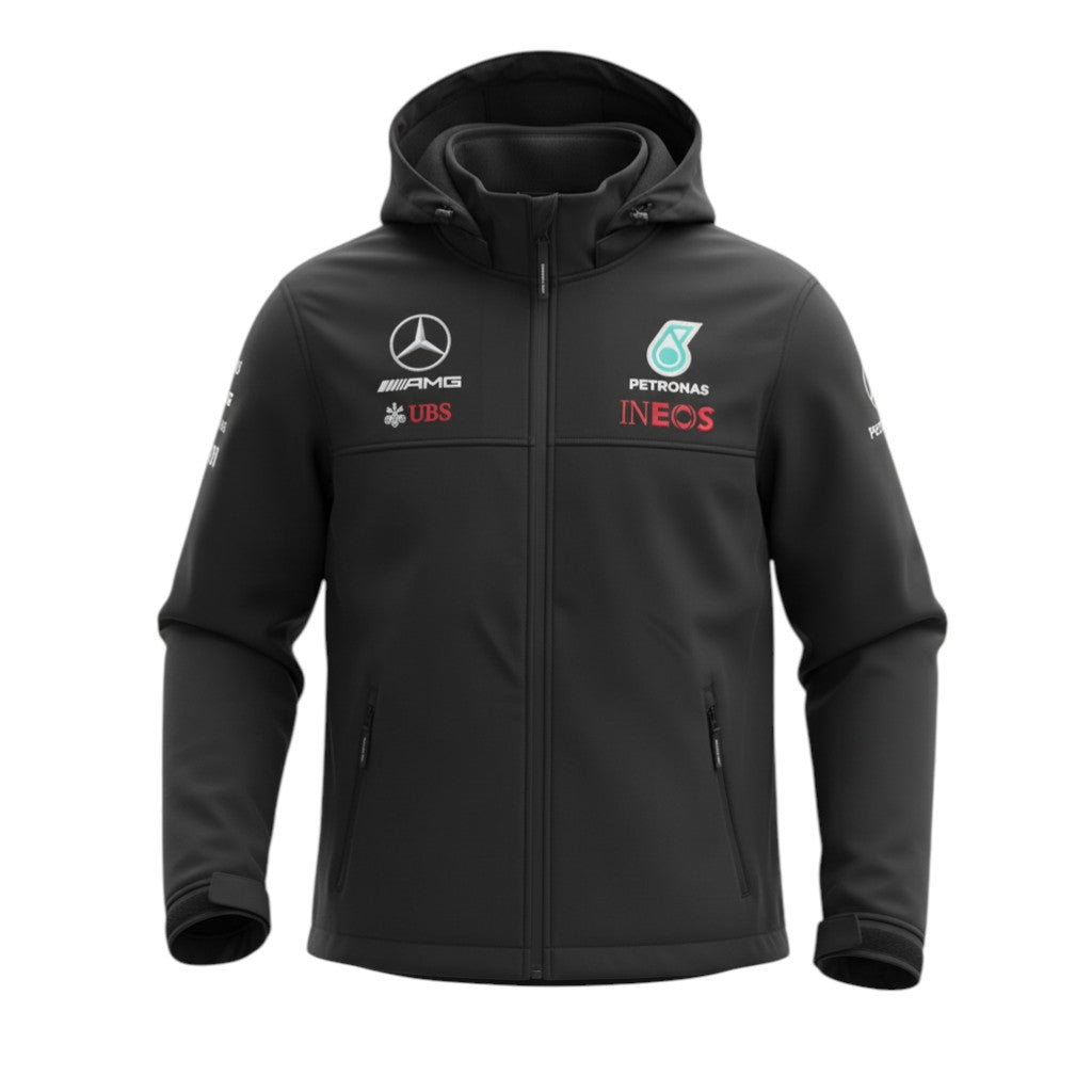 **Mercedes AMG Petronas Formula 1 Men's Soft Shell Jacket – Windproof with Detachable Hood – New** (Kopie)